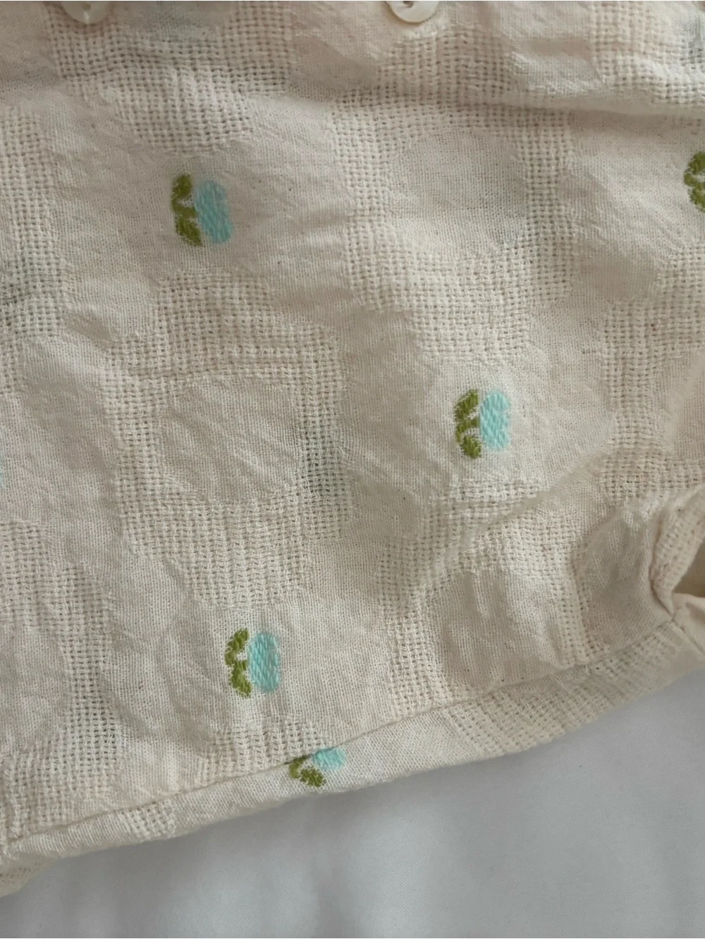 Zara Cream Ruffle Collar Two-Piece Set with Green and Blue Flower Dots